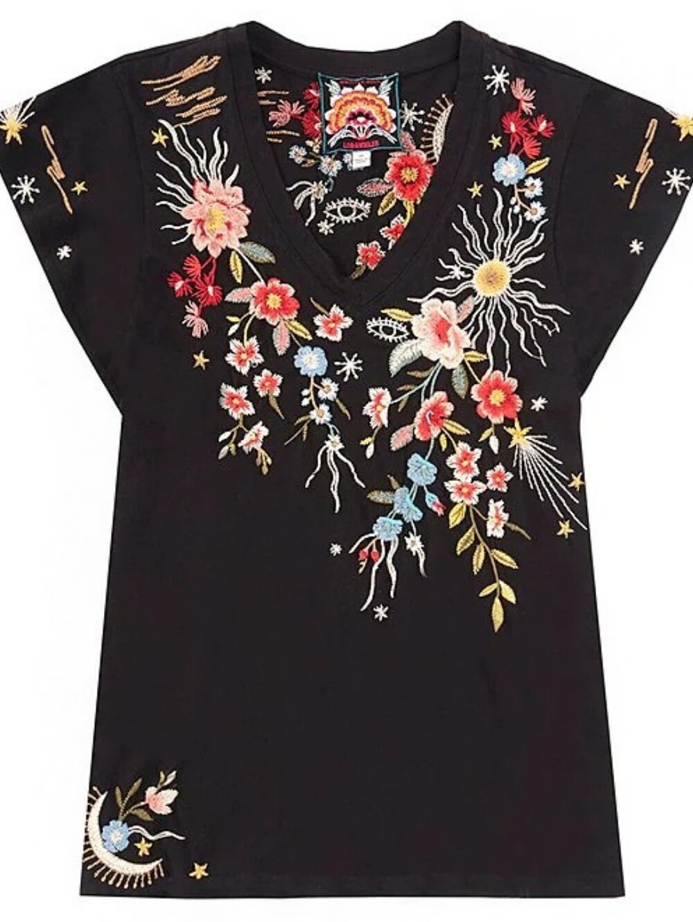 JOHNNY WAS Lissa Embroidered Floral Cotton Knit Jersey V-Neck Flutter Sleeve Top - Picture 5 of 10